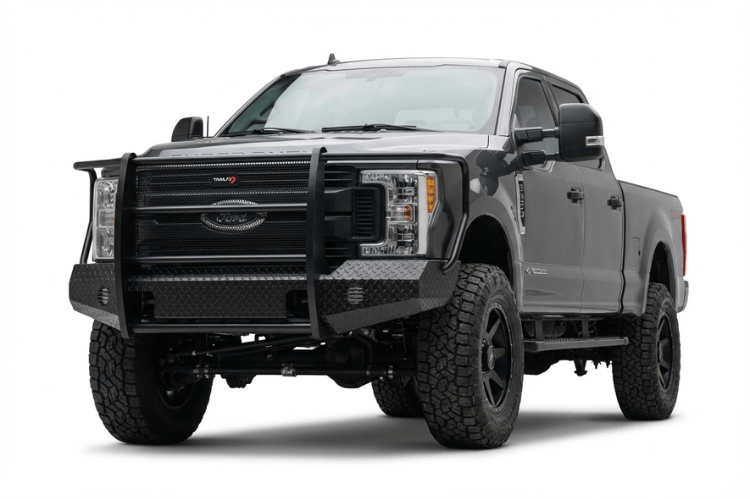 TrailFX FX3023 full replacement front bumper for 2017-2022 Ford F250 and F350 Super Duty trucks, featuring a heavy-duty grille guard and black powder-coated finish.