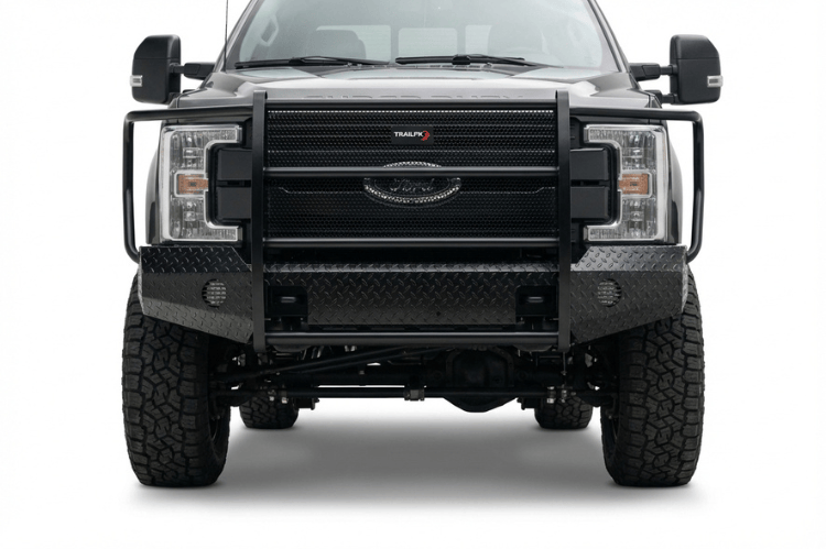 Front view of TrailFX FX3023 full replacement front bumper for 2017-2022 Ford F250 and F350 Super Duty trucks, featuring a heavy-duty grille guard and black powder-coated finish.
