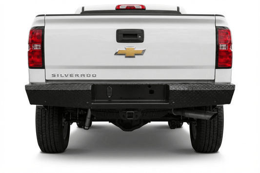 TrailFX FX1013 full replacement rear bumper for 2015-2019 Chevy Silverado 2500 and 3500 HD, featuring a heavy-duty steel construction and textured black finish.