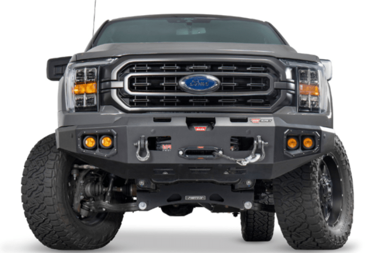 Warn 107638 Ascent Front Bumper for 2021–2022 Ford F-150 – Heavy-Duty Black Steel Winch Bumper with Light Mounts and D-Ring Recovery Points