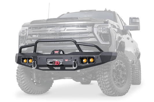 Warn Ascent front bumper 110917 with pre runner grille guard on 2024–2026 Chevy Silverado 2500/3500 HD