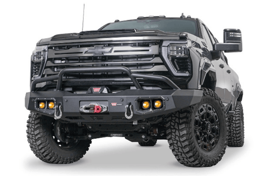 Warn Ascent front bumper 110917 with pre runner grille guard on 2024–2026 Chevy Silverado 2500/3500 HD