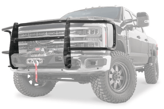 Warn full grille guard add-on Trans4mer Gen III 109580 for 2023–2026 Ford F250/F350 Super Duty, heavy-duty front protection.