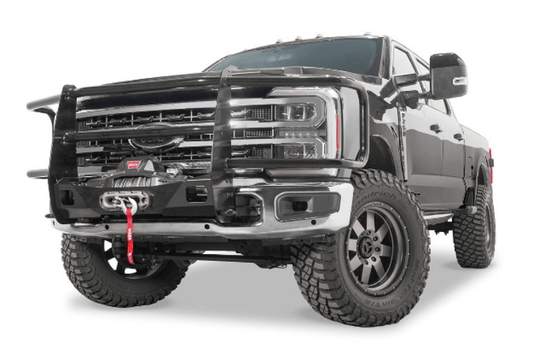 Warn full grille guard add-on Trans4mer Gen III 109580 for 2023–2026 Ford F250/F350 Super Duty, heavy-duty front protection.