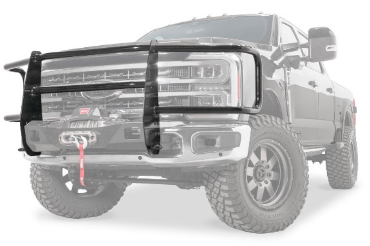 Warn full grille guard add-on Trans4mer Gen III 109580 for 2023–2026 Ford F450/F550 Super Duty, heavy-duty front protection.