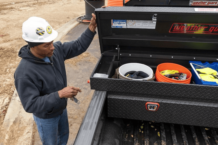 Weather Guard 127-52-04 saddle truck box, sleek aluminum tool box in textured matte black, 11 cu ft of rugged storage for Ram 1500