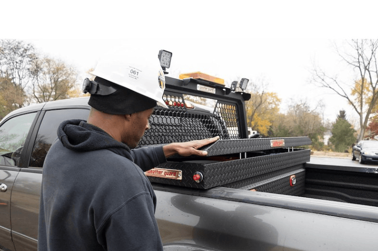 Weather Guard 127-52-04 saddle truck box, sleek aluminum tool box in textured matte black, 11 cu ft of rugged storage for Ram 1500