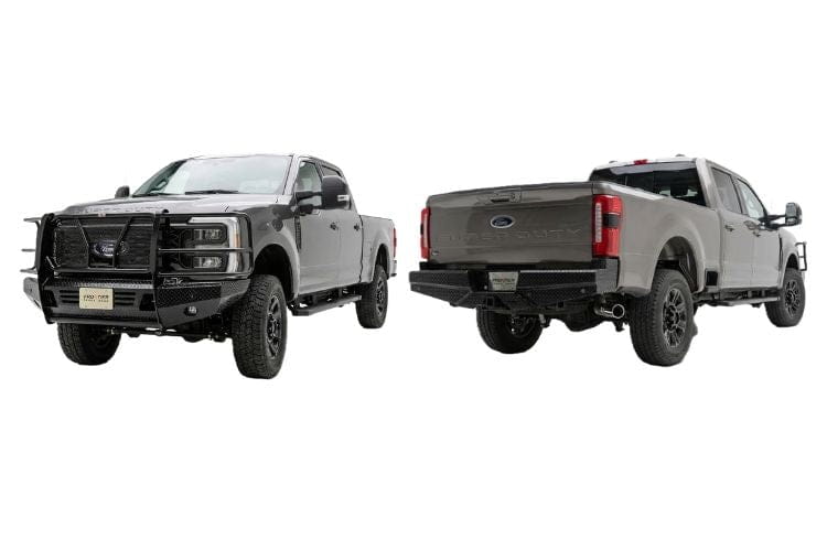 Front and rear bumpers Frontier Truck Gear Workhorse setup on 2023 Ford F250 Super Duty for bold work truck armor