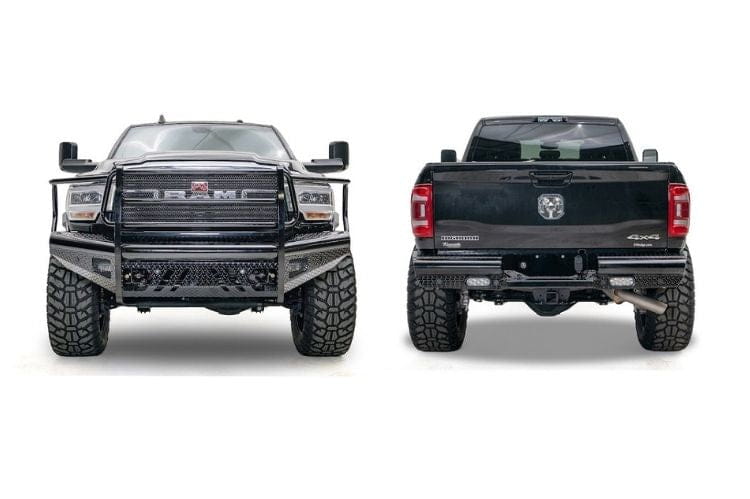 2024 Ram 2500 bumper Workhorse kit featuring Fab Fours Black Steel front and rear bumpers for bold off-road style