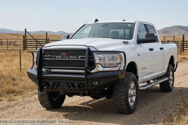2024 Ram 2500 bumper Workhorse kit featuring Fab Fours Black Steel front and rear bumpers for bold off-road style