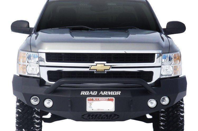 Road Armor 37204B 2008-2010 Chevy Silverado 2500/3500 Front Bumper, Pre-Runner Guard, Black, Round Light Port, Winch Ready, Stealth Series