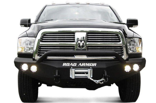Road Armor 47014B 1997-2002 Dodge Ram 2500/3500 Front Bumper, Black Finish, Pre-Runner Style, Stealth Series, Round Fog Light Hole, Winch-Ready