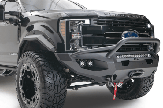 Fab Fours FS17-X4152-1 Matrix Front Bumper for 2017-2022 Ford F250/F350 Super Duty, winch-ready design with a pre-runner guard, providing rugged durability and aggressive front-end protection.