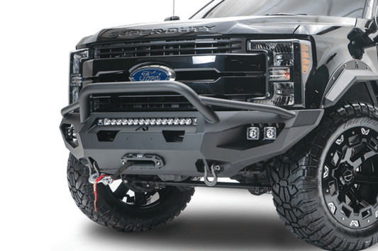 Fab Fours FS17-X4152-1 Matrix Front Bumper for 2017-2022 Ford F250/F350 Super Duty, winch-ready design with a pre-runner guard, providing rugged durability and aggressive front-end protection.