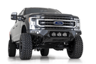 Black Ford truck's front end showcasing an ADD Bomber Black bumper F160014100103, tailored for 2017-2022 F250/F350 Superduty vehicles