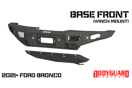 Bodyguard LAF21MYTNN Base winch-ready heavy duty off road front bumper in textured black for 2021–2026 Ford Bronco—sensor-compatible custom front bumper by Bodyguard Bumpers built for rugged performance