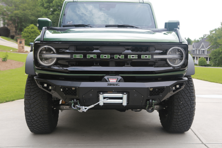 Bodyguard LAF21MYTNN Base winch-ready heavy duty off road front bumper in textured black for 2021–2026 Ford Bronco—sensor-compatible custom front bumper by Bodyguard Bumpers built for rugged performance
