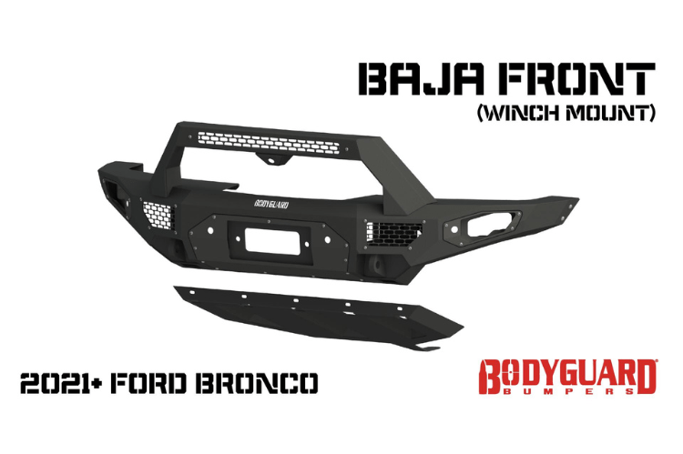 Bodyguard LBF21MYTNN Baja winch-ready heavy duty off road front bumper with push bar design in textured black for 2021–2026 Ford Bronco—sensor-compatible truck bumper built for rugged performance by Bodyguard Bumpers