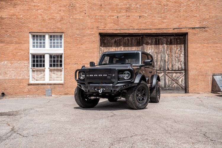 Bodyguard LEF21MYTNN Extreme heavy duty off road front bumper with grille guard in textured black for 2021–2026 Ford Bronco—winch-ready and sensor-compatible, built tough by Bodyguard Bumpers