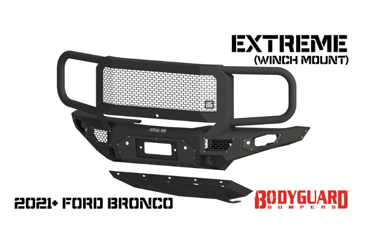 Bodyguard LEF21MYTNN Extreme heavy duty off road front bumper with grille guard in textured black for 2021–2026 Ford Bronco—winch-ready and sensor-compatible, built tough by Bodyguard Bumpers