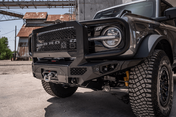 Bodyguard LEF21MYTNN Extreme heavy duty off road front bumper with grille guard in textured black for 2021–2026 Ford Bronco—winch-ready and sensor-compatible, built tough by Bodyguard Bumpers
