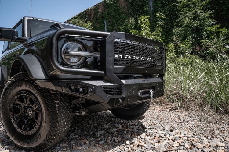 Bodyguard LEF21MYTNN Extreme heavy duty off road front bumper with grille guard in textured black for 2021–2026 Ford Bronco—winch-ready and sensor-compatible, built tough by Bodyguard Bumpers