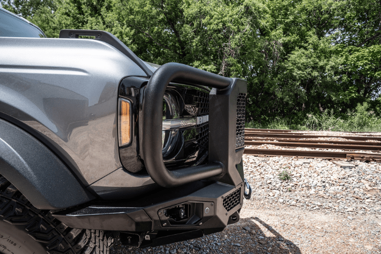 Bodyguard LEF21MYTNN Extreme heavy duty off road front bumper with grille guard in textured black for 2021–2026 Ford Bronco—winch-ready and sensor-compatible, built tough by Bodyguard Bumpers