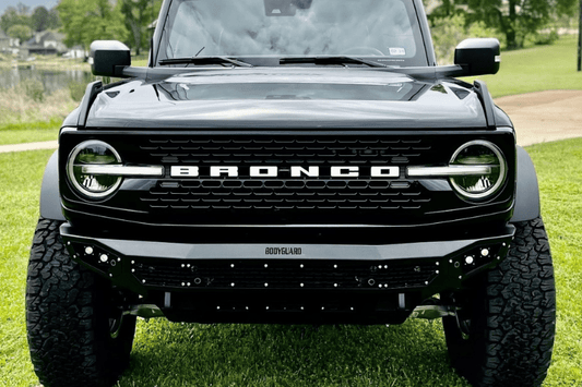 Bodyguard NAF21MYBNN Base low profile heavy duty off road front bumper in bare metal for 2021–2026 Ford Bronco—sensor-compatible custom front bumper from Bodyguard Bumpers built for strength and trail performance
