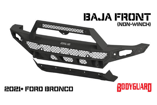 Bodyguard NBF21MYBNN Baja low profile heavy duty off road front bumper in bare metal for 2021–2026 Ford Bronco—sensor-compatible truck bumper from Bodyguard Bumpers built for rugged performance and customization
