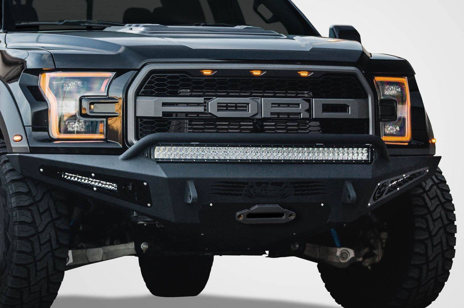 ADD F117382860103 Ford F150 Raptor 2017 Honeybadger Front Bumper With Winch and LED Lights Mount Hammer Black - BumperOnly