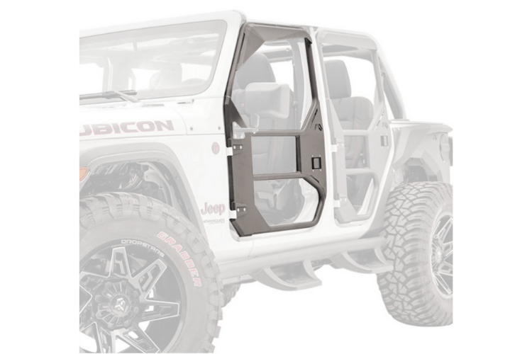 Open doors of a Fab Fours JL1030-1 Jeep Gladiator, showcasing the full surround front tube door design.