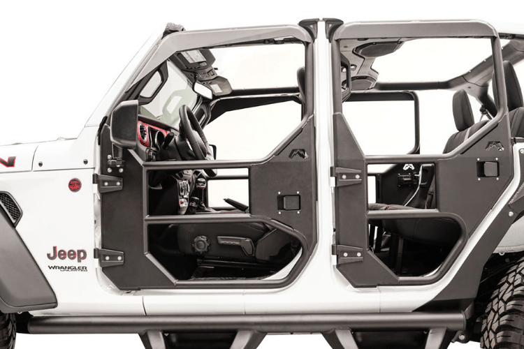 Open doors of a Fab Fours JL1030-1 Jeep Gladiator, showcasing the full surround front tube door design.