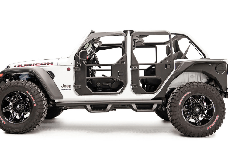 Open doors of a Fab Fours JL1030-1 Jeep Gladiator, showcasing the full surround front tube door design.