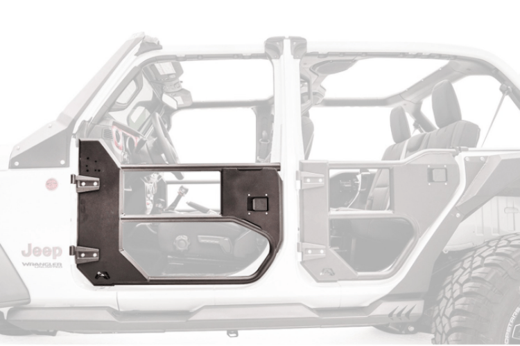Open doors of a Jeep Wrangler JL 2018-2024, showcasing the Fab Fours JL1032-1 Half Front Tube Door design