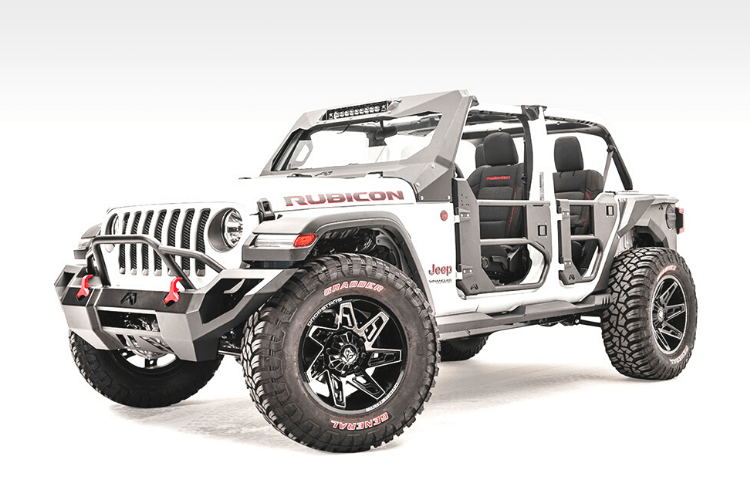 Open doors of a Jeep Wrangler JL 2018-2024, showcasing the Fab Fours JL1032-1 Half Front Tube Door design