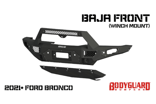 Bodyguard LBF21MYTNN Baja winch-ready heavy duty off road front bumper with push bar design in textured black for 2021–2025 Ford Bronco—sensor-compatible truck bumper built for rugged performance by Bodyguard Bumpers