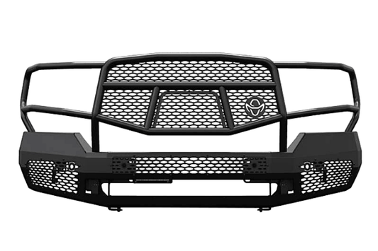 Ranch Hand MFG19HBM1 Midnight Series Front Bumper with Grille Guard for 2019-2021 GMC Sierra 1500, black powder-coated heavy-duty steel bumper.