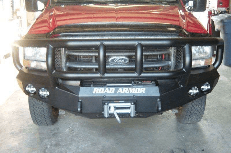 Road Armor Stealth 60502B 2005-2007 Ford F250/F350 Superduty Front Winch Ready Bumper Titan II Grille Guard, Black Finish and Round Fog Light Hole