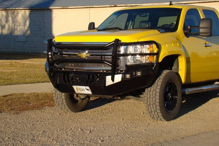 Heavy-duty custom bumper BGRMA0710CH by Throttle Down Kustoms, fits 2007–2010 Chevy Silverado with grille guard and Mayhem Guard design.