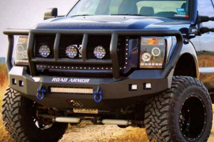 Road Armor Stealth 608R2B 2008-2010 Ford F250/F350/F450 Superduty Front Winch Ready Bumper Titan II Grille Guard, Black Finish and Square Fog Light Hole