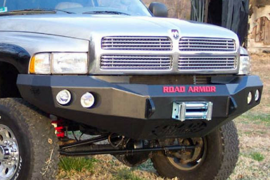 Road Armor Stealth 47010B 1997-2002 Dodge Ram 2500/3500 Front Winch Ready Bumper No Guard, Black Finish and Round Fog Light Hole