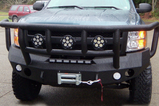 Road Armor Stealth 37202B 2008-2010 Chevy Silverado 2500/3500 Front Winch Ready Bumper Titan II Grille Guard, Black Finish and Round Fog Light Hole