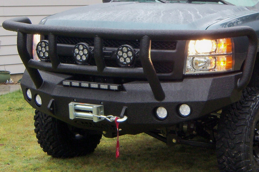 Road Armor Stealth 37202B 2008-2010 Chevy Silverado 2500/3500 Front Winch Ready Bumper Titan II Grille Guard, Black Finish and Round Fog Light Hole