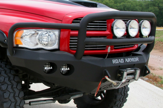 Road Armor Stealth 44035B 2002-2005 Dodge Ram 1500 Front Winch Ready Bumper Lonestar Guard, Black Finish and Round Fog Light Hole