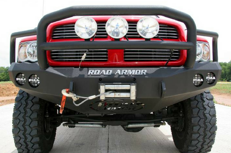 Road Armor Stealth 44035B 2002-2005 Dodge Ram 1500 Front Winch Ready Bumper Lonestar Guard, Black Finish and Round Fog Light Hole