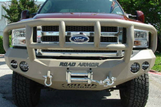 Road Armor Stealth 60502B 2005-2007 Ford F250/F350/F450 Superduty Front Winch Ready Bumper Titan II Grille Guard, Black Finish and Round Fog Light Hole