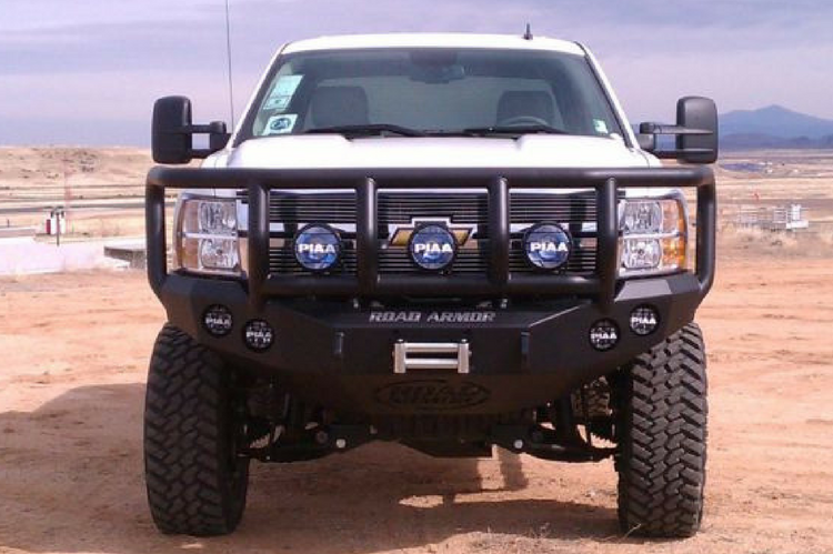 Road Armor Stealth 38202B 2011-2014 Chevy Silverado 2500/3500 Front Winch Ready Bumper Titan II Grille Guard, Black Finish and Round Fog Light Hole