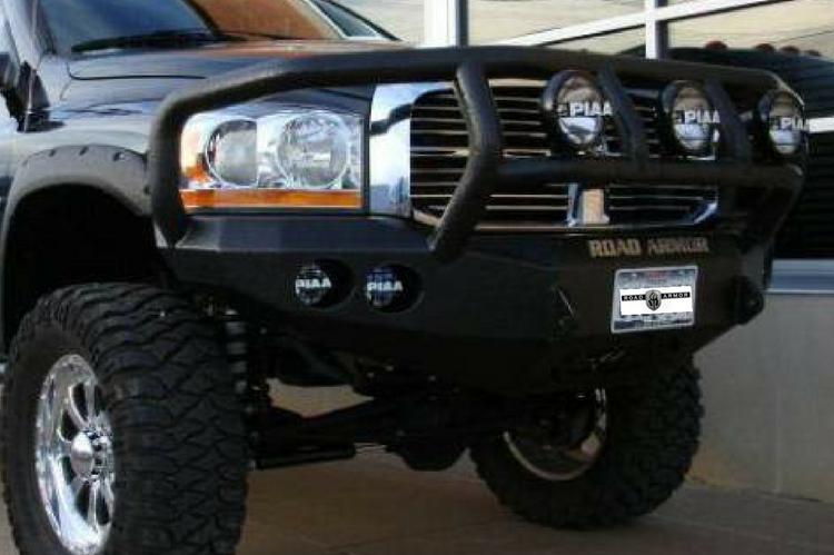 Road Armor Stealth 44062B 2006-2009 Dodge Ram 2500/3500 Front Winch Ready Bumper Titan II Grille Guard, Black Finish and Round Fog Light Hole