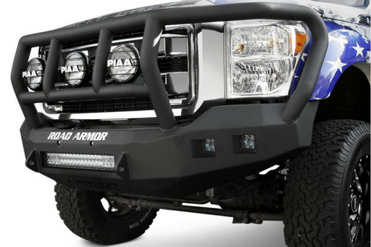 Road Armor Stealth 605R2B 2005-2007 Ford F250/F350/F450 Superduty Front Winch Ready Bumper Titan II Grille Guard, Black Finish and Square Fog Light Hole