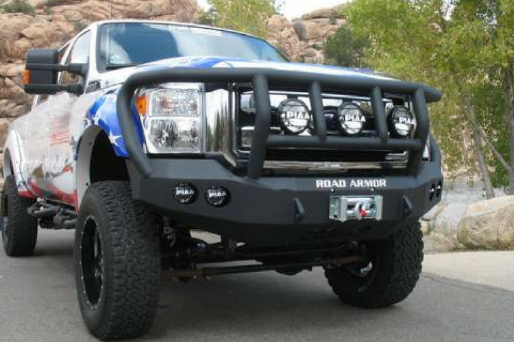 Road Armor Stealth 61102B 2011-2016 Ford F250/F350/F450 Superduty Front Winch Ready Bumper Titan II Grille Guard, Black Finish and Round Fog Light Hole